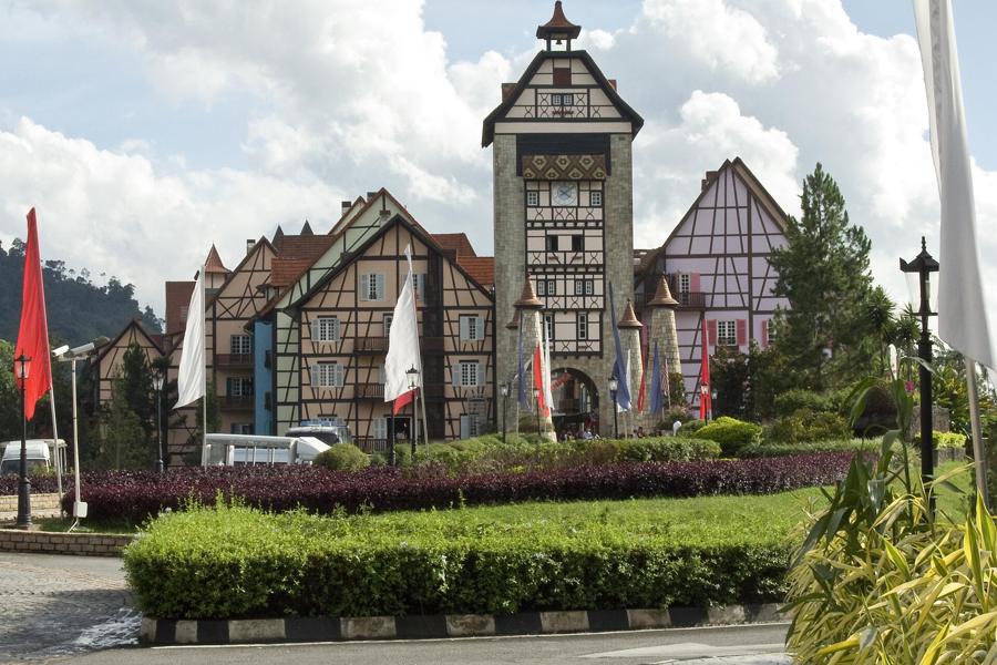 Colmar Tropicale's clock tower and colourful French façades